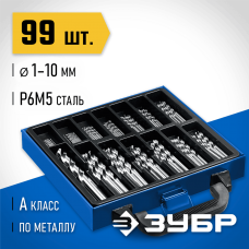 ЗУБР 99 шт. (Ø 1-10 мм), класс А, сталь Р6М5, набор сверл по металлу 29625-H99 Профессионал