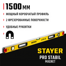 STAYER 1500 мм, 3 глазка, точность 0.5 мм/м, уровень магнитный PRO STABIL MAGNET 3480-150