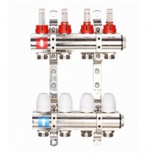 Коллекторная группа (латунь) с расходомерами без ВО и дренажных кранов 4 выхода Ø1" GAPPO