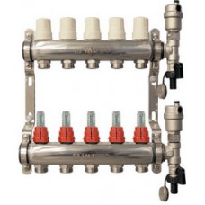 Коллекторная группа (нерж) с расходомерами с ВО и дренажными кранами (на тройнике) 5 выходов Ø1" VALTEC (1)